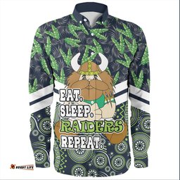 Canberra Raiders Long Sleeve Button Shirt - Tropical Patterns And Dot Painting Eat Sleep Rugby Repeat