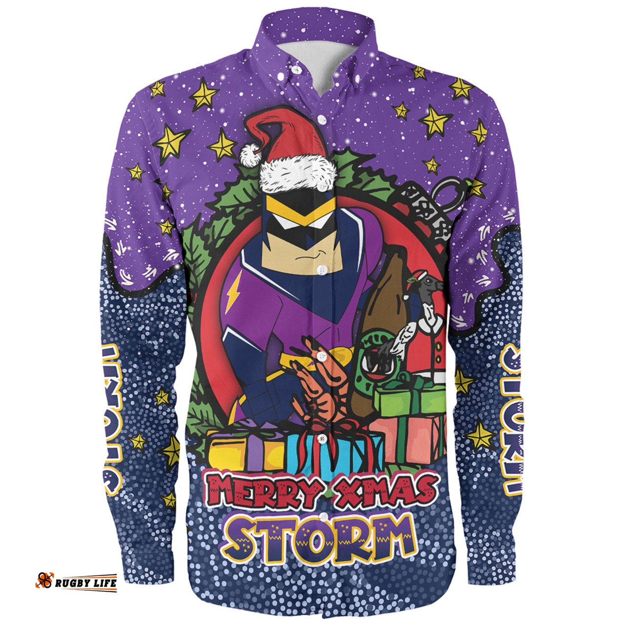 Melbourne Storm Christmas Custom Long Sleeve Button Shirt - Merry Christmas Our Beloved Team With Aboriginal Dot Art Pattern Long Sleeve Button Shirt