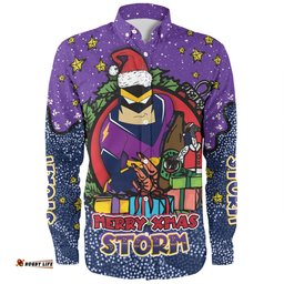 Melbourne Storm Christmas Custom Long Sleeve Button Shirt - Merry Christmas Our Beloved Team With Aboriginal Dot Art Pattern Long Sleeve Button Shirt
