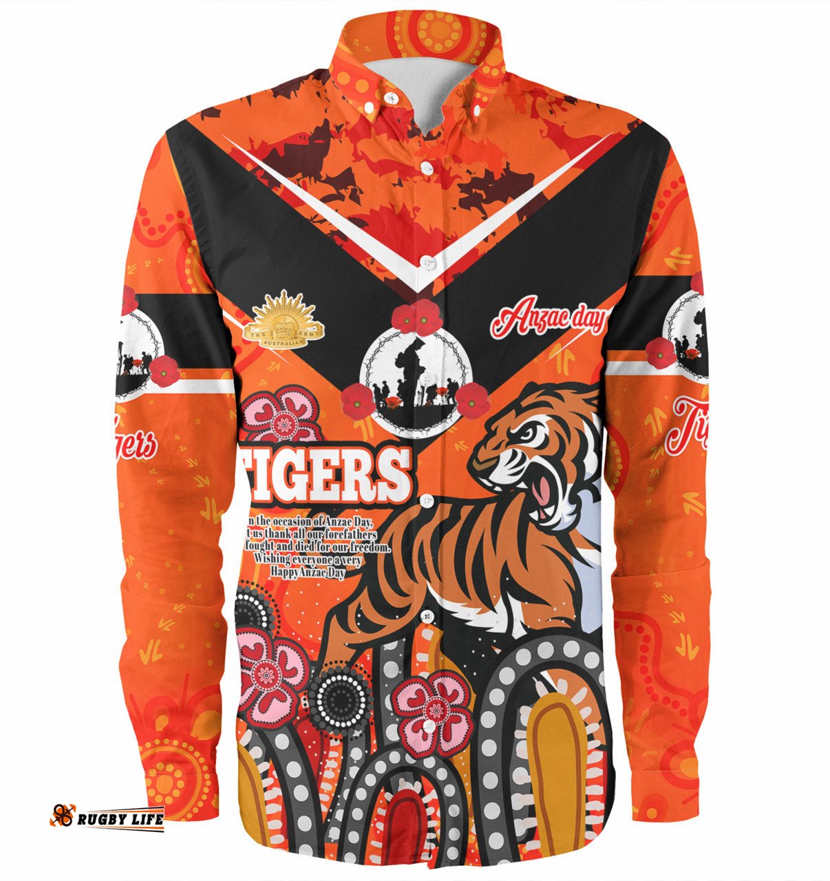 Wests Tigers Anzac Day Custom Long Sleeve Button Shirt - Tigers Anzac Quotes Shirt