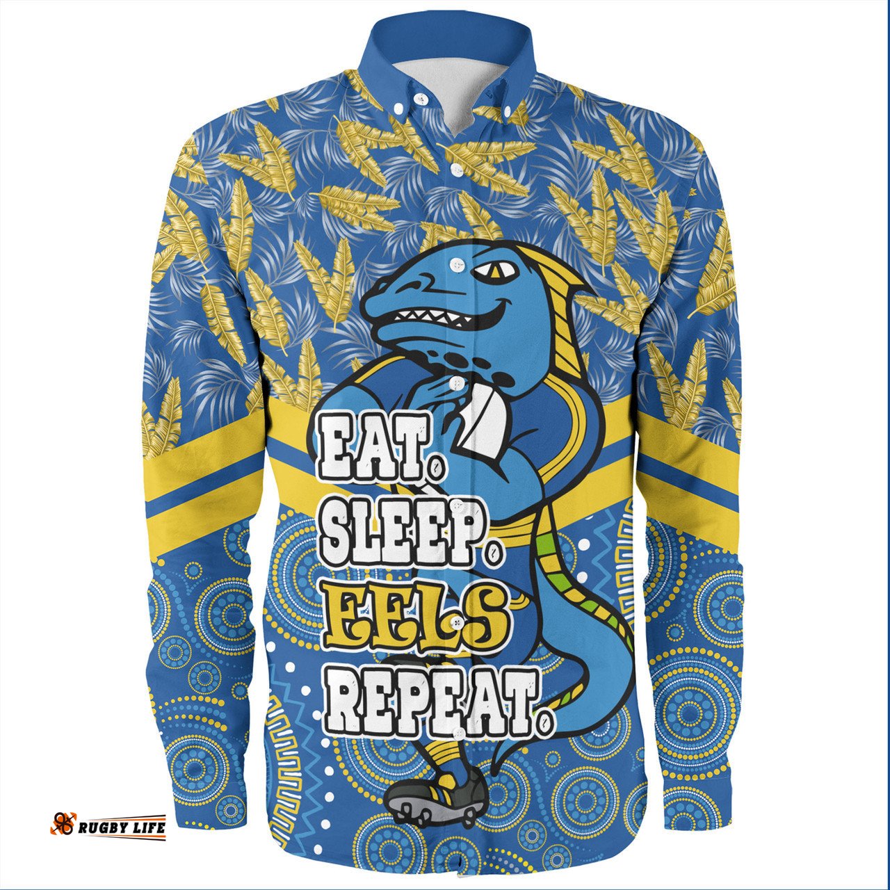 Parramatta Eels Sport Long Sleeve Button Shirt - Tropical Patterns And Dot Painting Eat Sleep Rugby Repeat