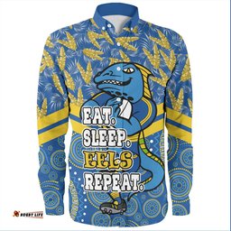 Parramatta Eels Sport Long Sleeve Button Shirt - Tropical Patterns And Dot Painting Eat Sleep Rugby Repeat