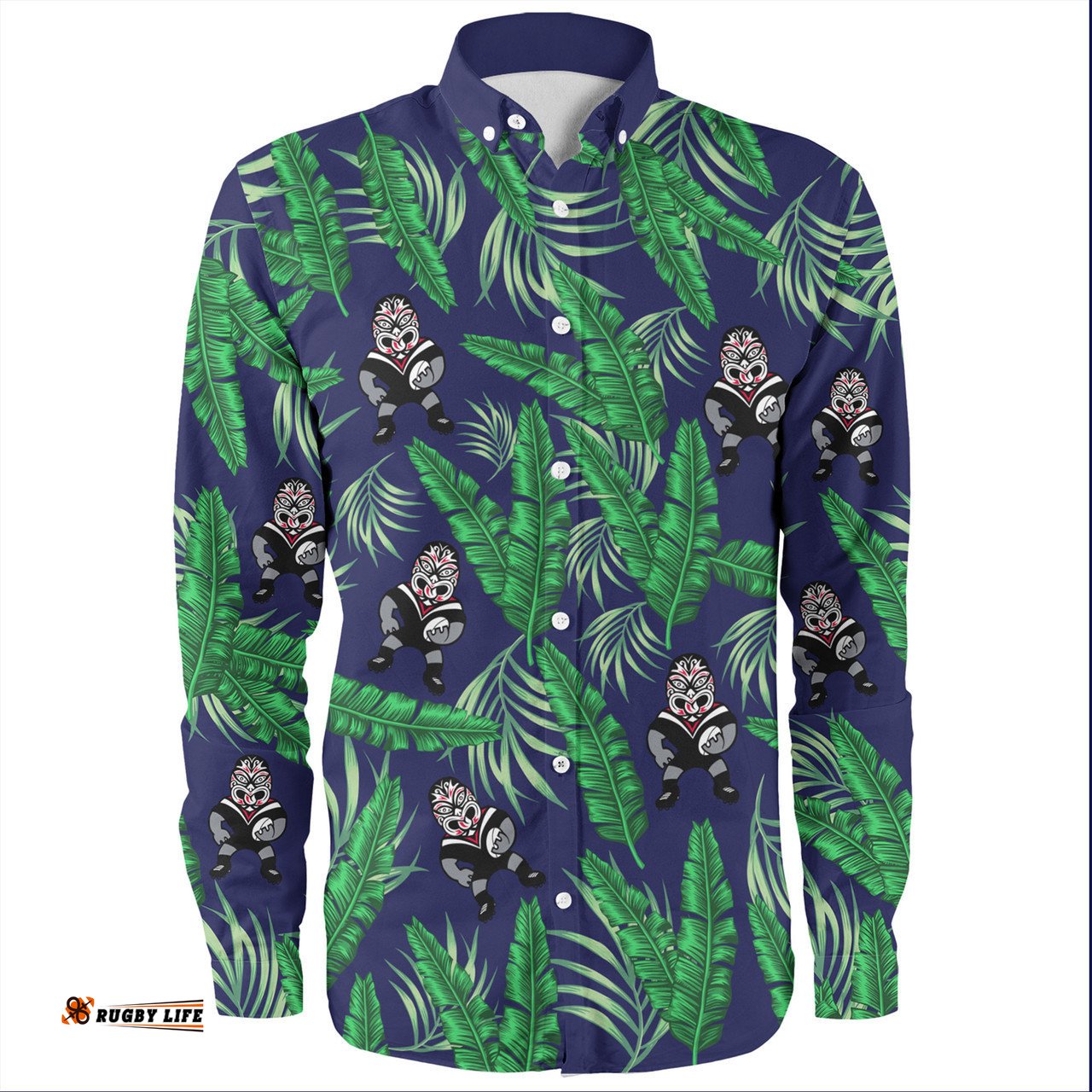 New Zealand Warriors Custom Long Sleeve Button Shirt - Tropical Patterns Warriors Long Sleeve Button Shirt