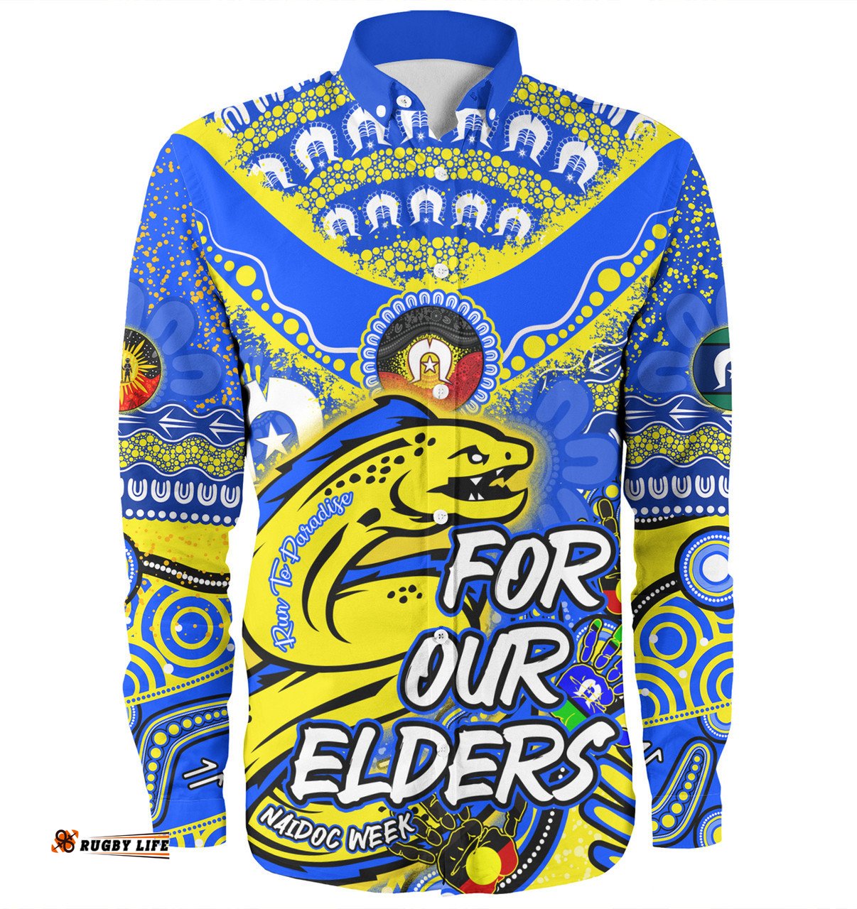 Parramatta Eels Naidoc Week Custom Long Sleeve Button Shirts - For Our Elders Run to Paradise Long Sleeve Button Shirts