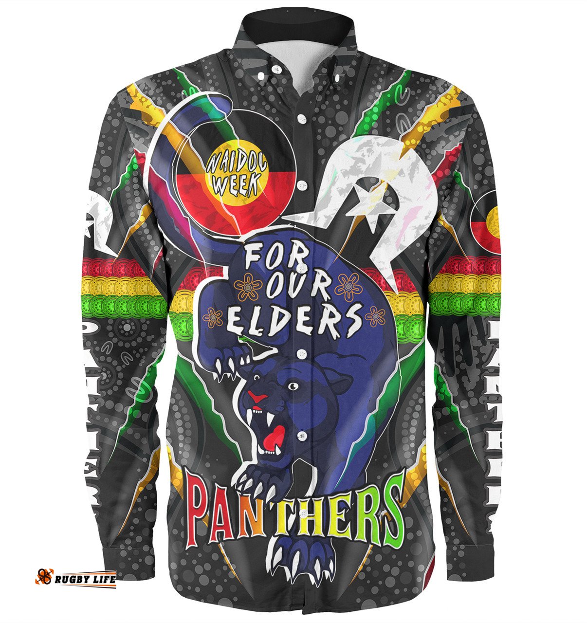 Penrith Panthers Naidoc Week Custom Long Sleeve Button Shirts - Penrith Panthers Naidoc Week For Our Elders Australian Indigenous Dot Art Long Sleeve Button Shirts