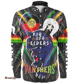 Penrith Panthers Naidoc Week Custom Long Sleeve Button Shirts - Penrith Panthers Naidoc Week For Our Elders Australian Indigenous Dot Art Long Sleeve Button Shirts