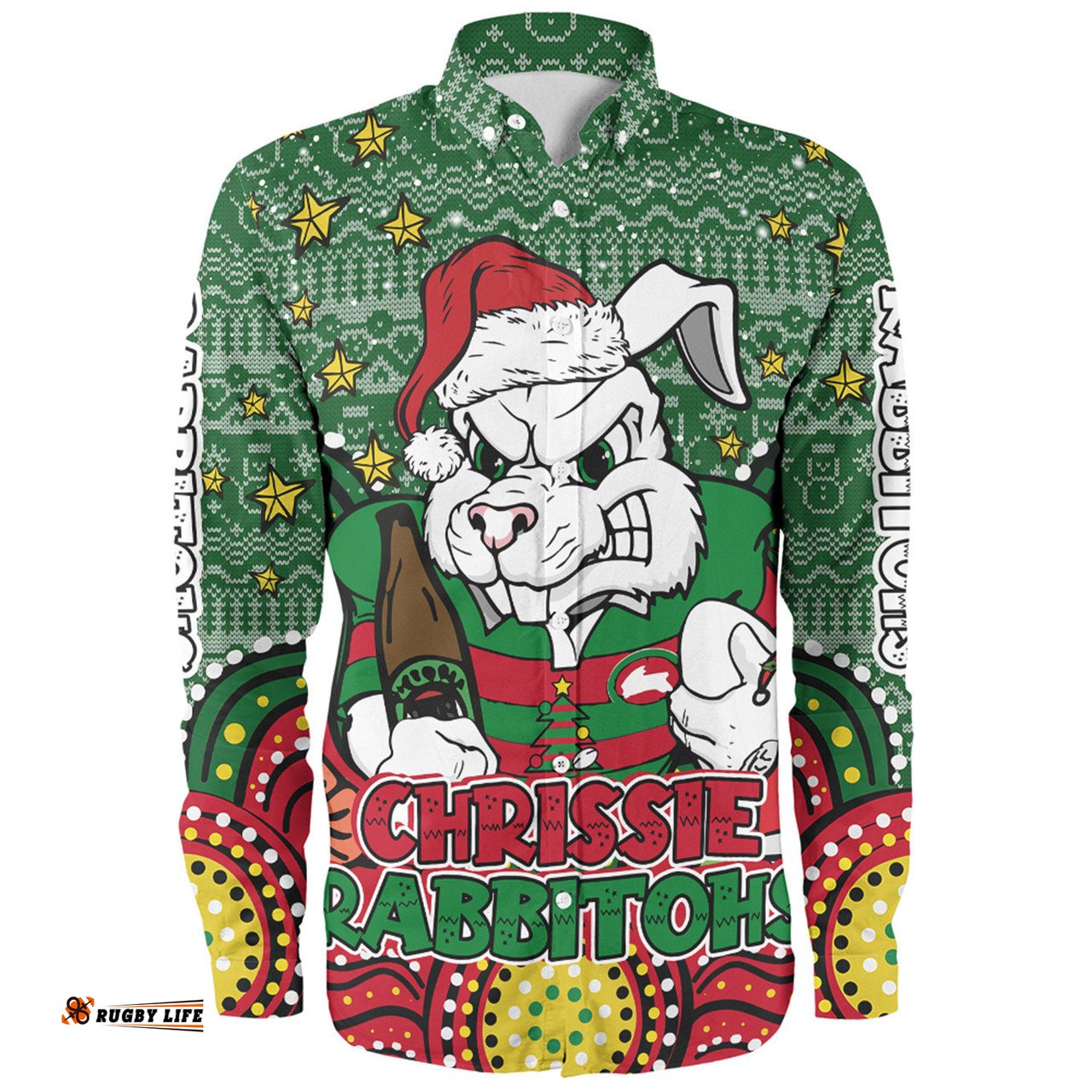 South Sydney Rabbitohs Custom Long Sleeve Button Shirt - Christmas Knit Patterns Vintage Jersey Ugly Long Sleeve Button Shirt