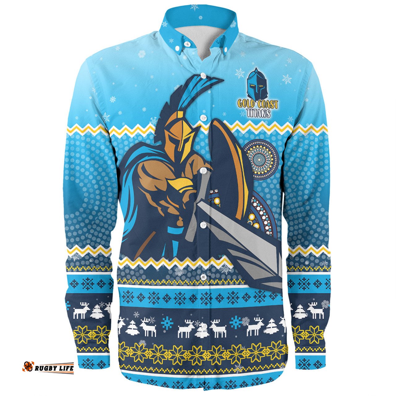 Gold Coast Titans Christmas Custom Long Sleeve Button Shirt - Ugly Xmas And Aboriginal Patterns For Die Hard Fan Long Sleeve Button Shirt