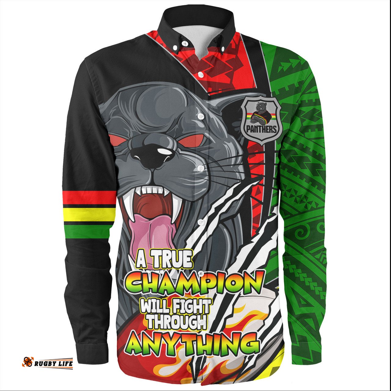 Penrith Panthers Grand Final Long Sleeve Button Shirt - A True Champion Will Fight Through Anything With Polynesian Patterns