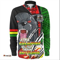 Penrith Panthers Grand Final Long Sleeve Button Shirt - A True Champion Will Fight Through Anything With Polynesian Patterns