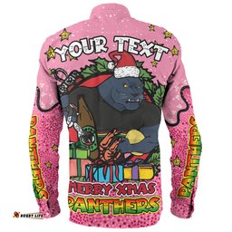Penrith Panthers Christmas Custom Long Sleeve Button Shirt - Merry Christmas Our Beloved Team With Aboriginal Dot Art Pattern V2 Long Sleeve Button Shirt