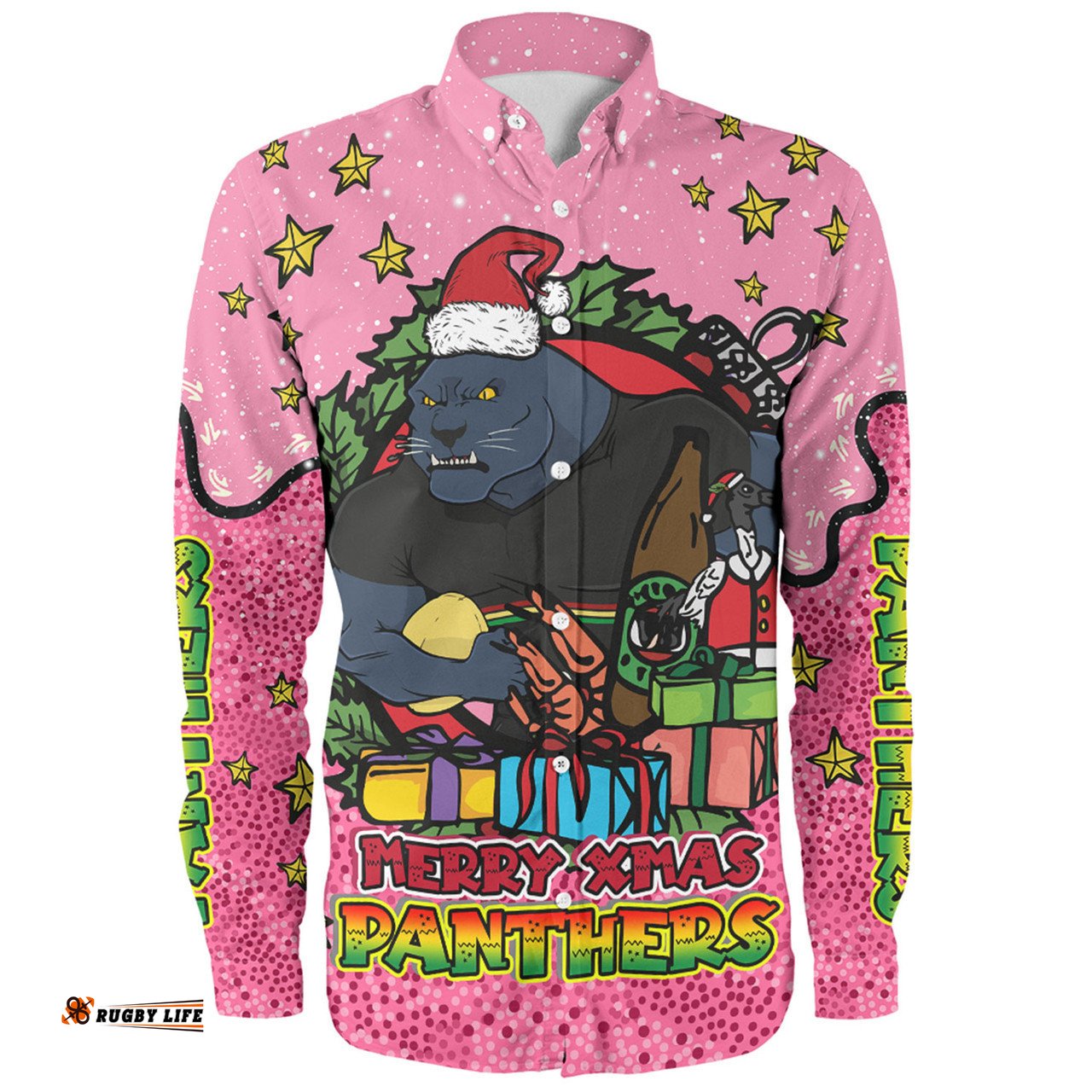 Penrith Panthers Christmas Custom Long Sleeve Button Shirt - Merry Christmas Our Beloved Team With Aboriginal Dot Art Pattern V2 Long Sleeve Button Shirt