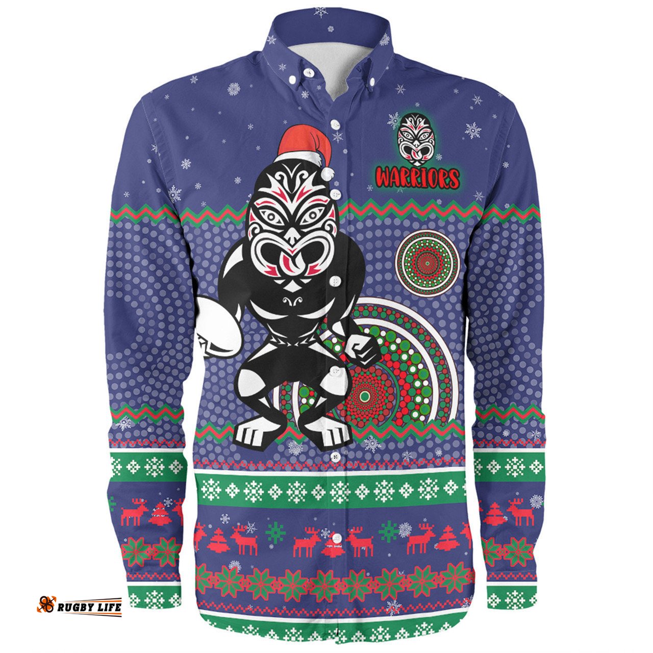 New Zealand Warriors Christmas Custom Long Sleeve Button Shirt - Ugly Xmas And Aboriginal Patterns For Die Hard Fan Long Sleeve Button Shirt