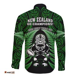 New Zealand Aotearoa Rugby Long Sleeve Button Shirt NZ Tiki With Maori Fern World Cup Green Version