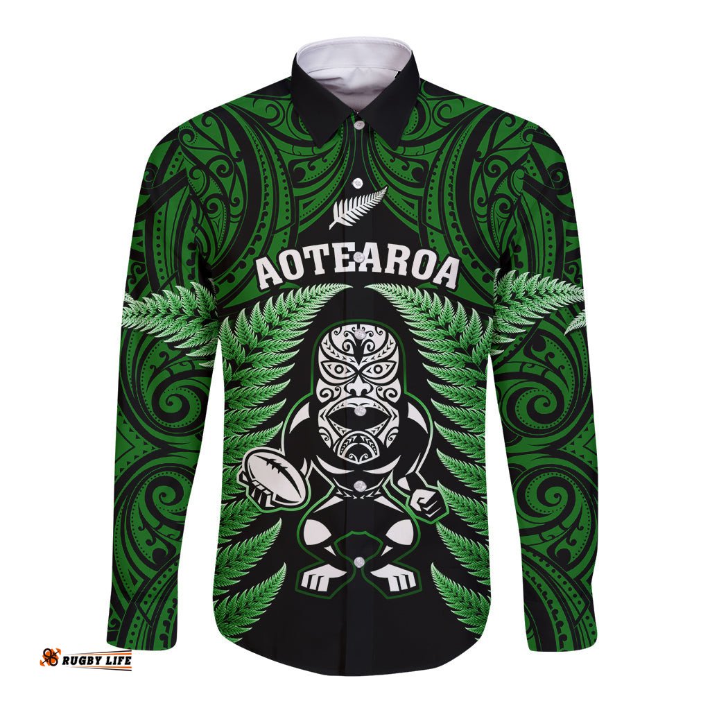 New Zealand Aotearoa Rugby Long Sleeve Button Shirt NZ Tiki With Maori Fern World Cup Green Version