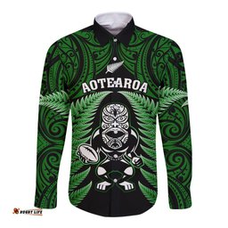 New Zealand Aotearoa Rugby Long Sleeve Button Shirt NZ Tiki With Maori Fern World Cup Green Version