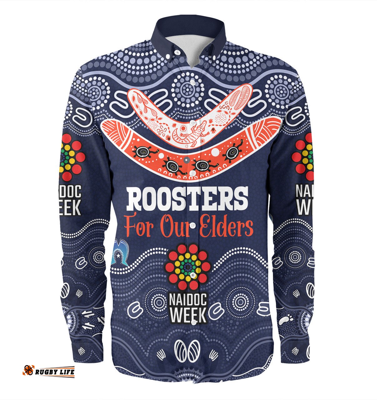 Sydney Roosters Naidoc Week Custom Long Sleeve Button Shirt - NAIDOC WEEK 2023 Indigenous Inspired For Our Elders Theme (White)