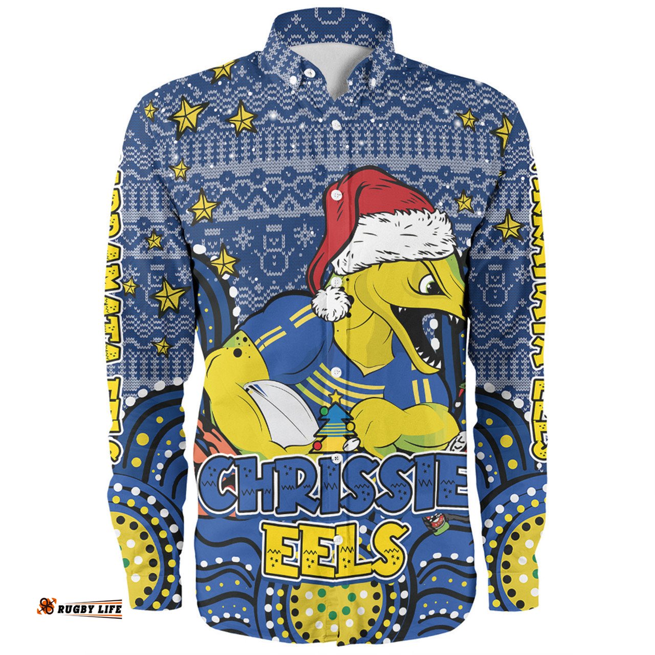 Parramatta Eels Christmas Custom Long Sleeve Button Shirt - Christmas Knit Patterns Vintage Jersey Ugly Long Sleeve Button Shirt