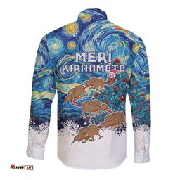 New Zealand Christmas Long Sleeve Button Shirt Kiwis Santa Sleigh Starry Night Style