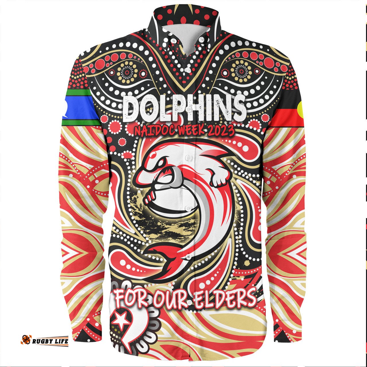 Redcliffe Dolphins Naidoc Week Long Sleeve Button Shirt - Aboriginal For Our Elder NAIDOC Week 2023