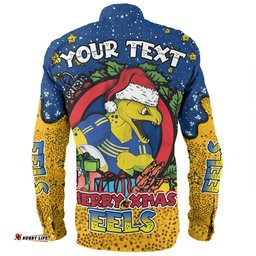 Parramatta Eels Christmas Custom Long Sleeve Button Shirt - Merry Christmas Our Beloved Team With Aboriginal Dot Art Pattern Long Sleeve Button Shirt