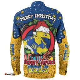 Parramatta Eels Christmas Custom Long Sleeve Button Shirt - Merry Christmas Our Beloved Team With Aboriginal Dot Art Pattern Long Sleeve Button Shirt