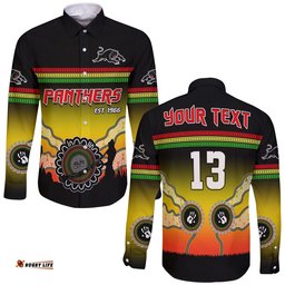 Custom Text and Number Panthers Long Sleeve Button Shirt Go The Mighty Penrith Aboriginal