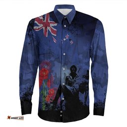New Zealand Anzac Day Soldier & Poppy Camouflage Long Sleeve Button Shirt
