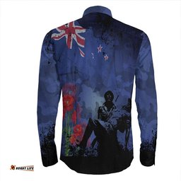 New Zealand Anzac Day Soldier & Poppy Camouflage Long Sleeve Button Shirt