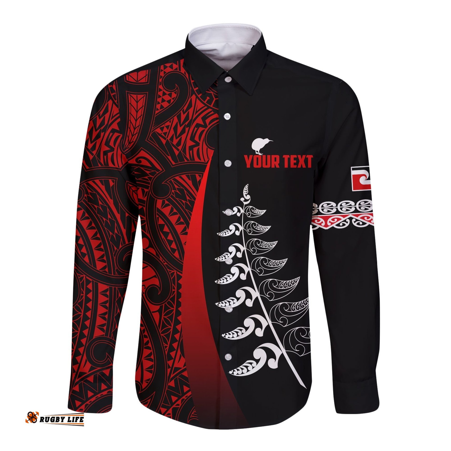 Custom Personalised Waitangi Day Long Sleeve Button Shirt Maori Mix Fern Style Red