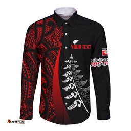 Custom Personalised Waitangi Day Long Sleeve Button Shirt Maori Mix Fern Style Red