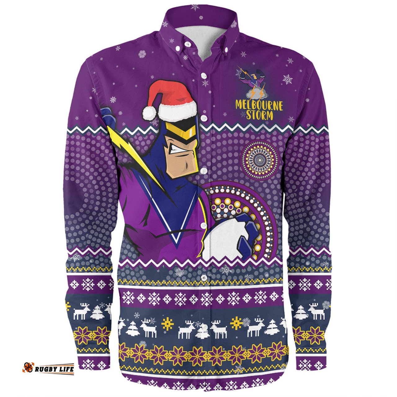 Melbourne Storm Christmas Custom Long Sleeve Button Shirt - Ugly Xmas And Aboriginal Patterns For Die Hard Fan Long Sleeve Button Shirt