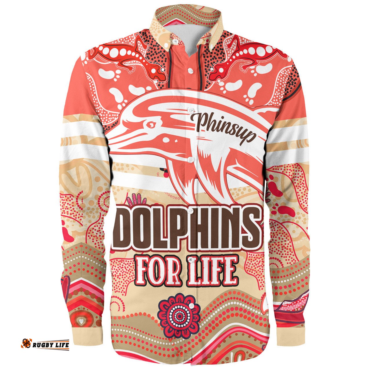 Redcliffe Dolphins Custom Long Sleeve Button Shirt - Redcliffe Dolphins For Life With Aboriginal Style Long Sleeve Button Shirt