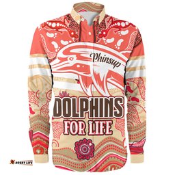 Redcliffe Dolphins Custom Long Sleeve Button Shirt - Redcliffe Dolphins For Life With Aboriginal Style Long Sleeve Button Shirt