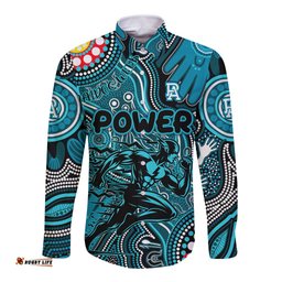 Personalised NAIDOC Week 2024 Port Adelaide Power Long Sleeve Button Shirt Australian Aboriginal Hand Painting