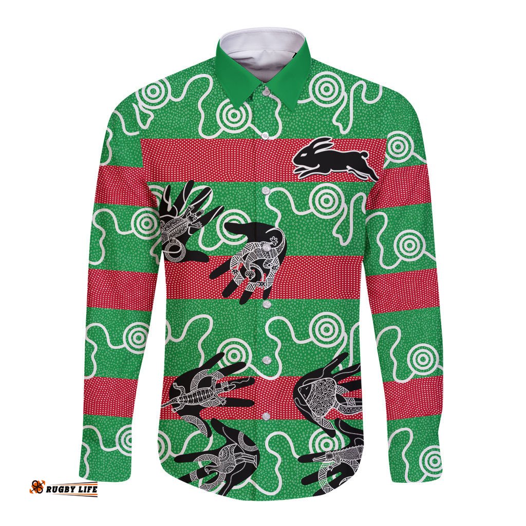 Rabbitohs Rugby Premiers Long Sleeve Button Shirt Go The Bunnies Aboriginal Dots