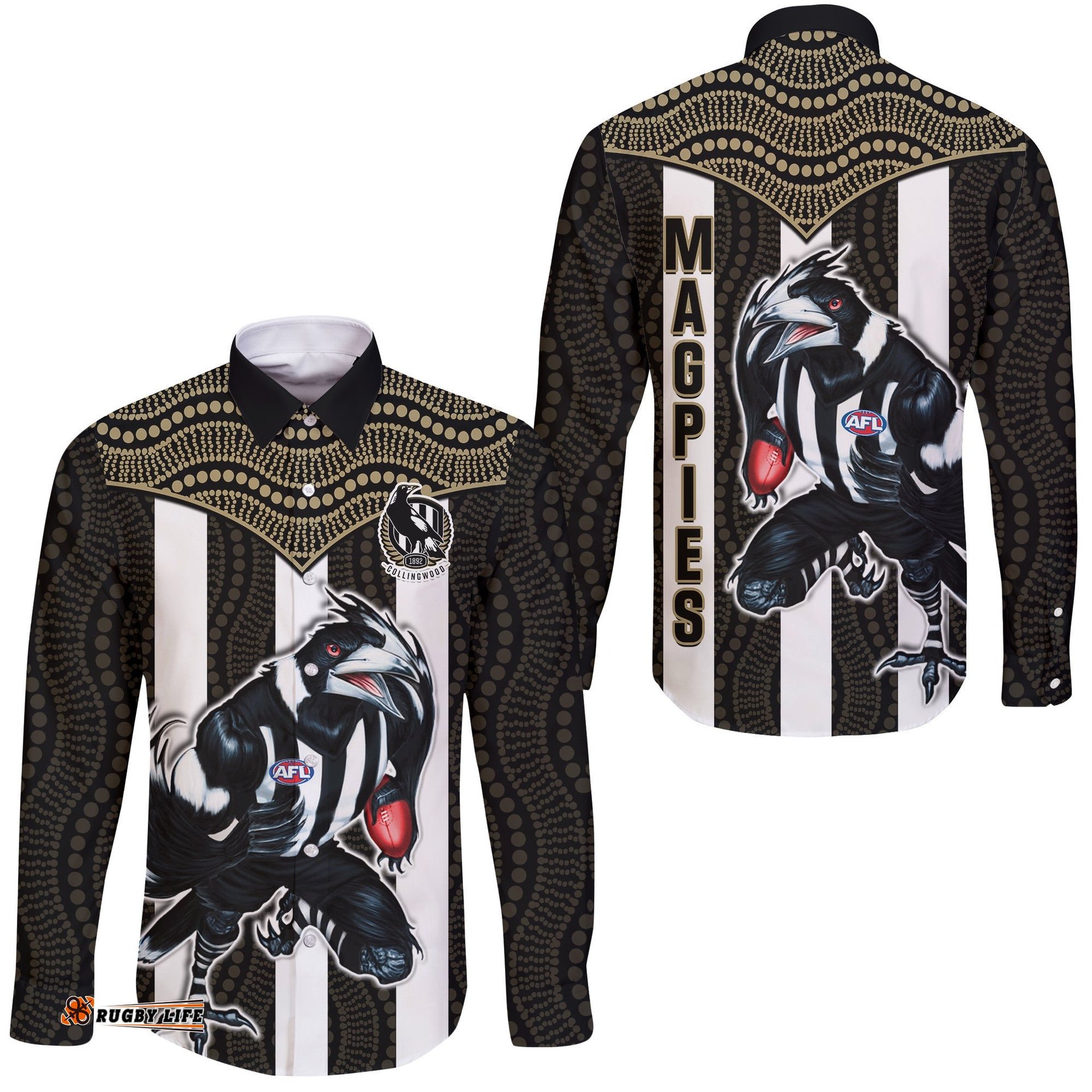Magpies Football Long Sleeve Button Shirt Collingwood 1892 Indigenous Sporty Style