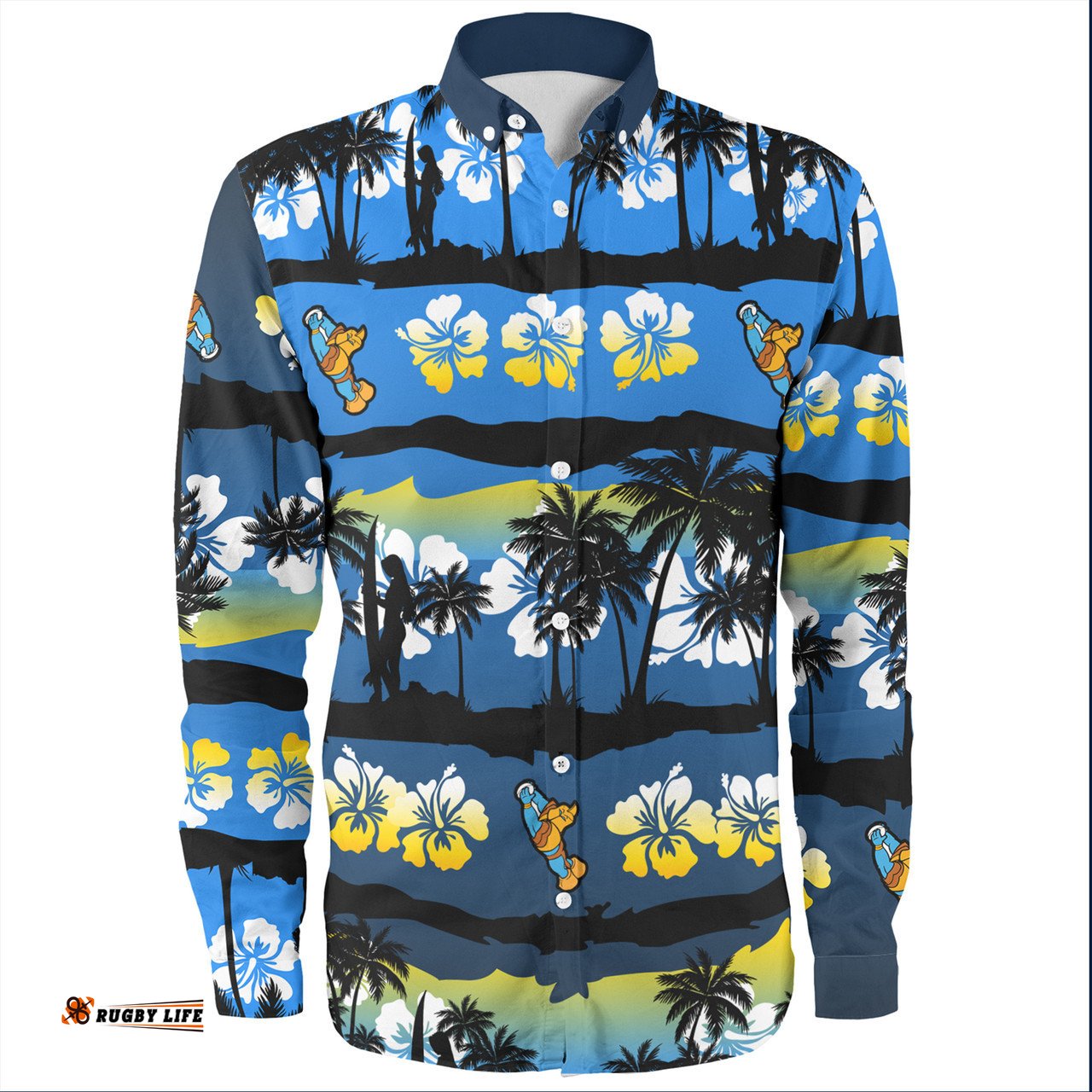 Gold Coast Titans Sport Long Sleeve Button Shirt - Tropical Hibiscus and Coconut Trees