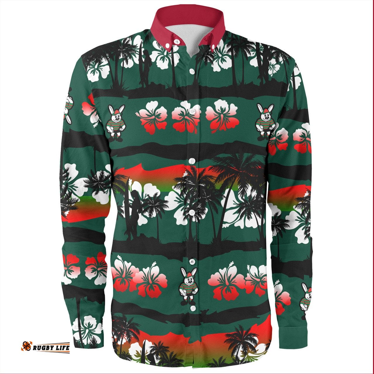 South Sydney Rabbitohs Long Sleeve Button Shirt - Tropical Hibiscus and Coconut Trees