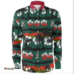 South Sydney Rabbitohs Long Sleeve Button Shirt - Tropical Hibiscus and Coconut Trees