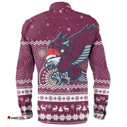 Manly Warringah Sea Eagles Christmas Custom Long Sleeve Button Shirt - Ugly Xmas And Aboriginal Patterns For Die Hard Fan Long Sleeve Button Shirt