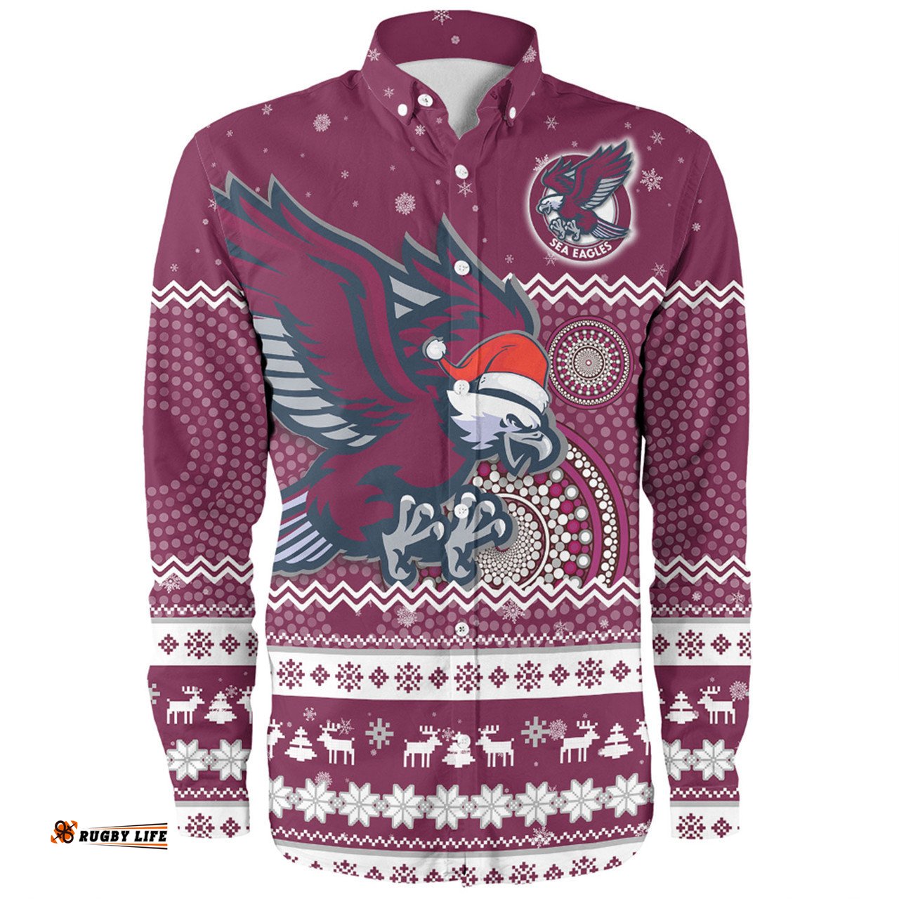 Manly Warringah Sea Eagles Christmas Custom Long Sleeve Button Shirt - Ugly Xmas And Aboriginal Patterns For Die Hard Fan Long Sleeve Button Shirt