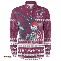 Manly Warringah Sea Eagles Christmas Custom Long Sleeve Button Shirt - Ugly Xmas And Aboriginal Patterns For Die Hard Fan Long Sleeve Button Shirt