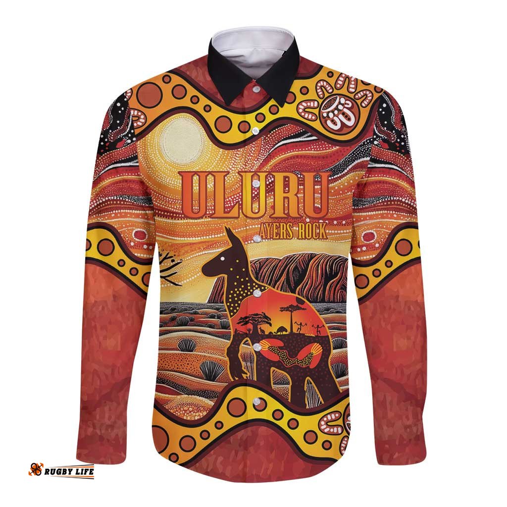 Northern Territory Uluru Long Sleeve Button Shirt Ayers Rock Kangaroo Aboriginal Art