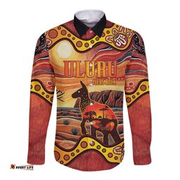 Northern Territory Uluru Long Sleeve Button Shirt Ayers Rock Kangaroo Aboriginal Art