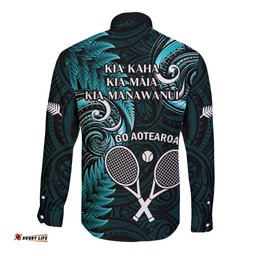 New Zealand Tiki Tennis Long Sleeve Button Shirt 2024 Aotearoa Tenehi Maori Silver Fern Turquoise
