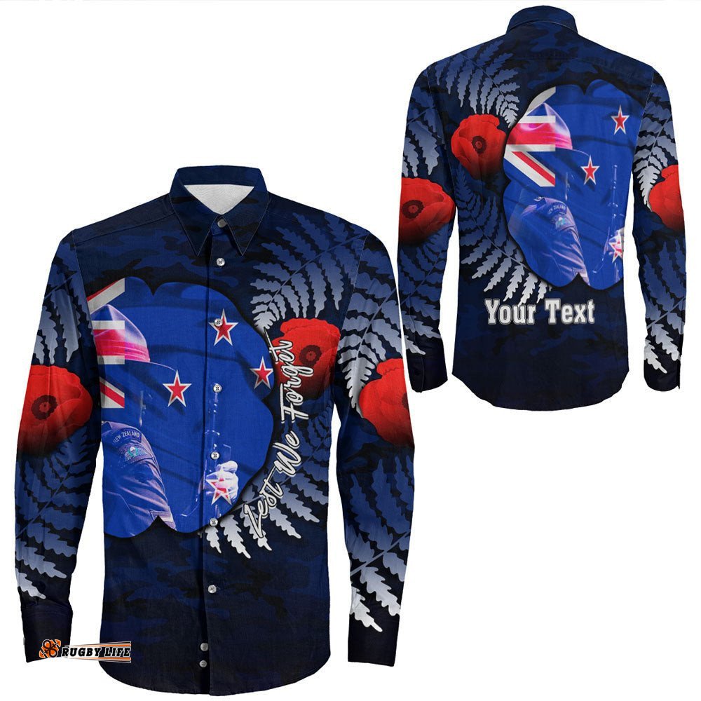 Custom New Zealand Anzac Day Poppy Long Sleeve Button Shirt