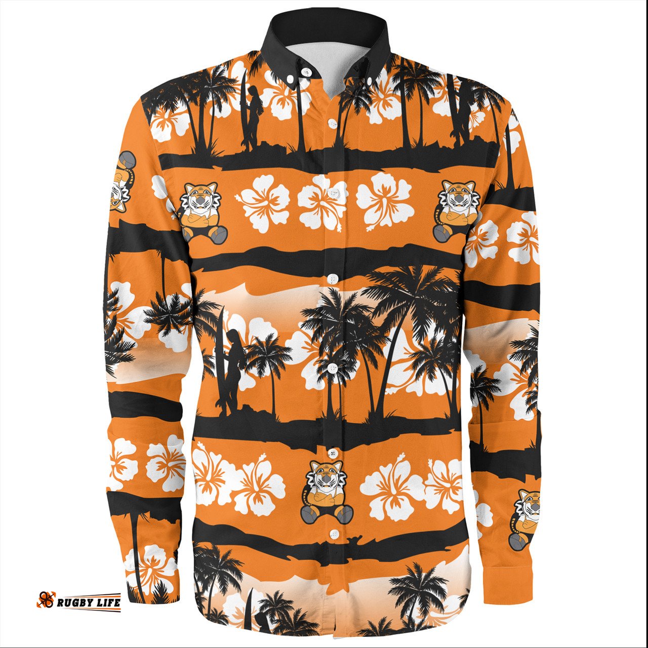 Wests Tigers Long Sleeve Button Shirt - Tropical Hibiscus and Coconut Trees