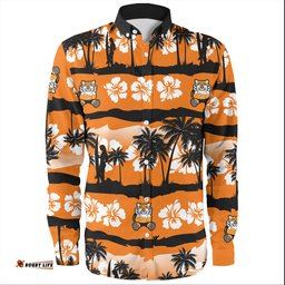 Wests Tigers Long Sleeve Button Shirt - Tropical Hibiscus and Coconut Trees
