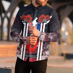 Australia Anzac Day Poppy Aboriginal Pattern Long Sleeve Button Shirt
